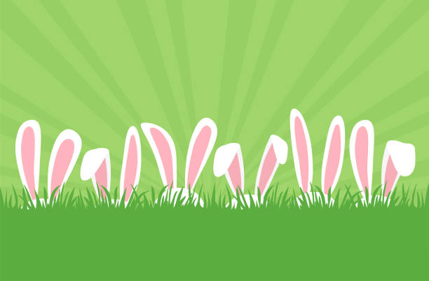 stockillustraties, clipart, cartoons en iconen met de konijntjesoren van pasen in rij in gras, de grenzen van de beeldverhaalkonijnenoren. paaseieren jagen. leuke vakantieachtergrond. de illustratie van de lente - pasen