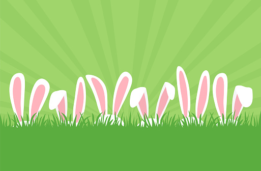 Easter bunnies ears in row in grass, cartoon rabbits ears border. Easter eggs hunt. Cute holiday background. Spring illustration