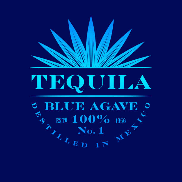 Tequila label. Blue Agave Tequila logo or emblem. Blue classic letters and agave plant on dark-blue background. tequila drink illustrations stock illustrations