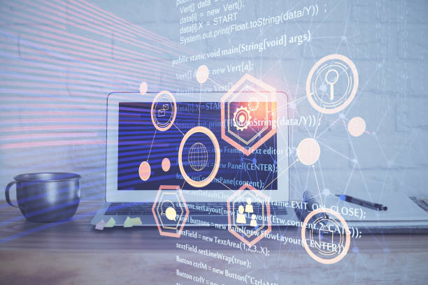istock Double exposure of computer and technology theme hud. Concept of innovation. 1303933210