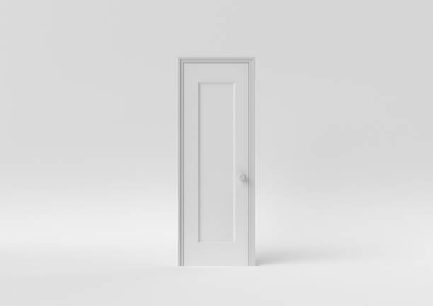 istock Closed White Door on white background. minimal concept idea creative. monochrome. 3D render. 1303936148