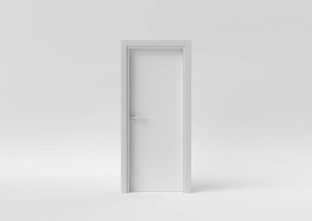 istock Closed White Door on white background. minimal concept idea creative. monochrome. 3D render. 1303936150