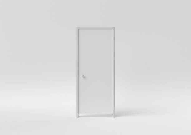 istock Closed White Door on white background. minimal concept idea creative. monochrome. 3D render. 1303936151