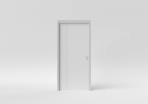 istock Closed White Door on white background. minimal concept idea creative. monochrome. 3D render. 1303936166