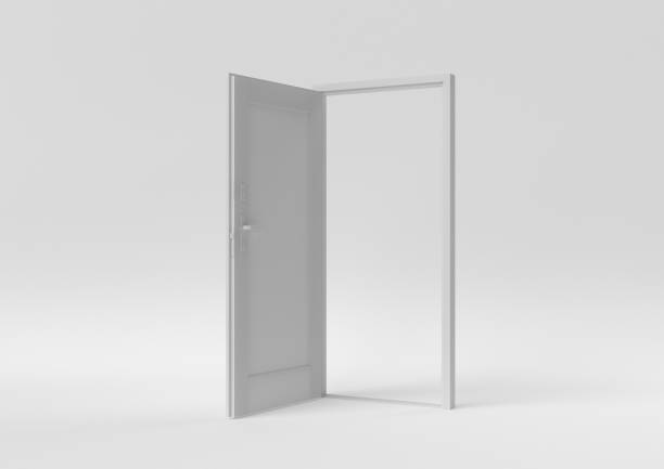 puerta blanca entrada abierta a ideas creativas o nueva vida en blanco. idea conceptual mínima creativa. renderizado 3d. - puerta abierta fotografías e imágenes de stock