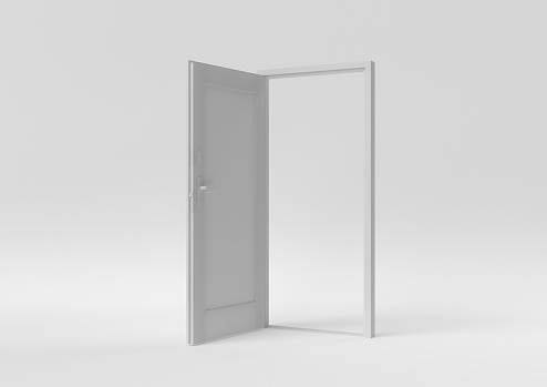 White door Open entrance to creative ideas or new life in white background. minimal concept idea creative. 3D render.