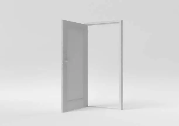 Photo of White door Open entrance to creative ideas or new life in white background. minimal concept idea creative. 3D render.