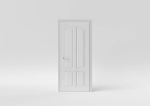 istock Closed White Door on white background. minimal concept idea creative. monochrome. 3D render. 1303936169