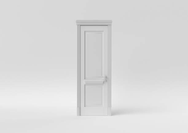istock Closed White Door on white background. minimal concept idea creative. monochrome. 3D render. 1303936172