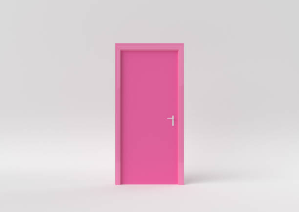 Closed Pink door on white background. minimal concept idea creative. monochrome. 3D render.