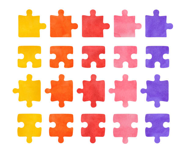 Watercolor illustration set of colorful jigsaw puzzle pieaces. Yellow, orange, pink, violet colors. Hand painted watercolour graphic drawing, cut out clipart elements for creative design decoration. Hand drawn watercolor illustration. crossword puzzle drawing stock illustrations