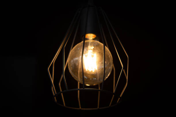 istock Vintage edisson lamp with black forged wire lampshade on dark background 1303937816