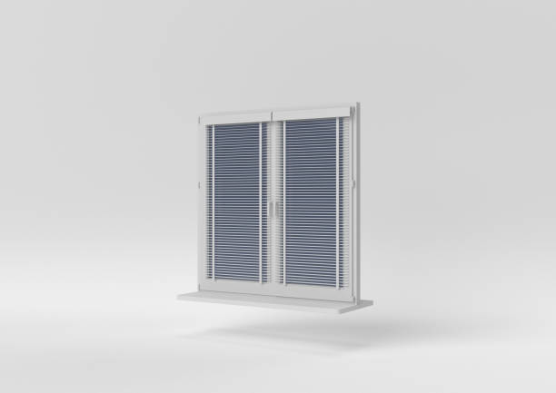 istock white window with venetian blind floating on white background. minimal concept idea. monochrome. 3D render. 1303938038