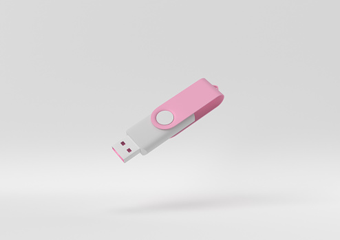 white USB flash drive floating on white background. minimal concept idea. Pastel colors. 3d render.