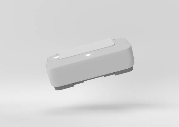 istock white printer in office floating on white background. minimal concept idea. monochrome. 3d render. 1303938740