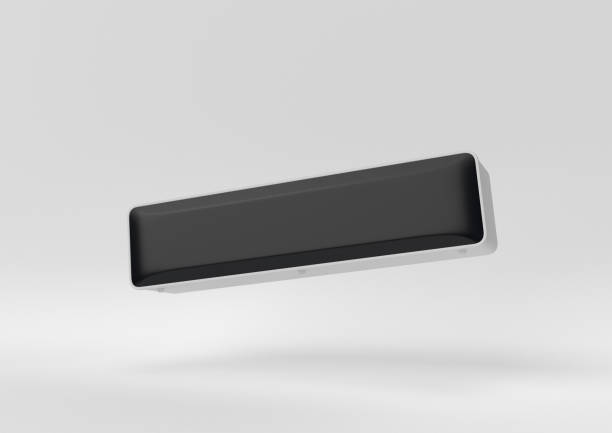 istock Black wireless sound bar speaker floating on white background. minimal concept idea. monochrome. 3d render. 1303938829