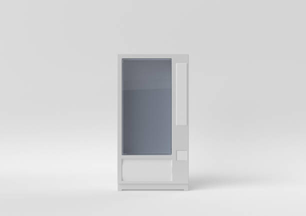 흰색 배경에 떠있는 흰색 자동 판매기. 최소한의 개념 아이디어. 흑백. 3d 렌더링. - vending machine 뉴스 사진 이미지