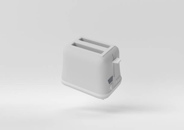white toaster floating on white background. minimal concept idea. monochrome. 3d render. - torradeira ilustrações imagens e fotografias de stock
