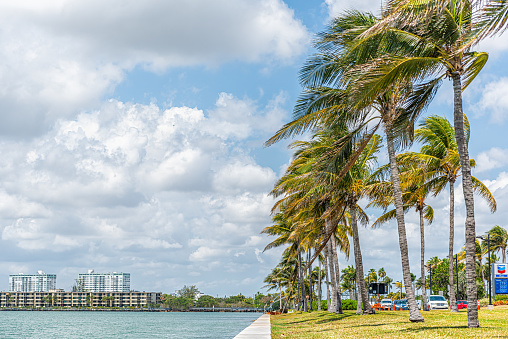 Bal Harbour, USA - May 8, 2018: Broad causeway road with Miami Beach Florida cityscape and green ocean Biscayne Bay and row of palm trees by Chevron gas station