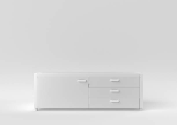 istock White sideboard. Shelf tv on white background. minimal concept idea. monochrome. 3d render. 1303941429