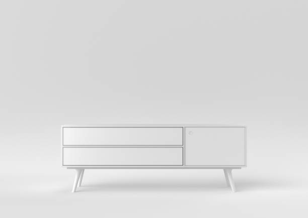 istock White sideboard. Shelf tv on white background. minimal concept idea. monochrome. 3d render. 1303941433