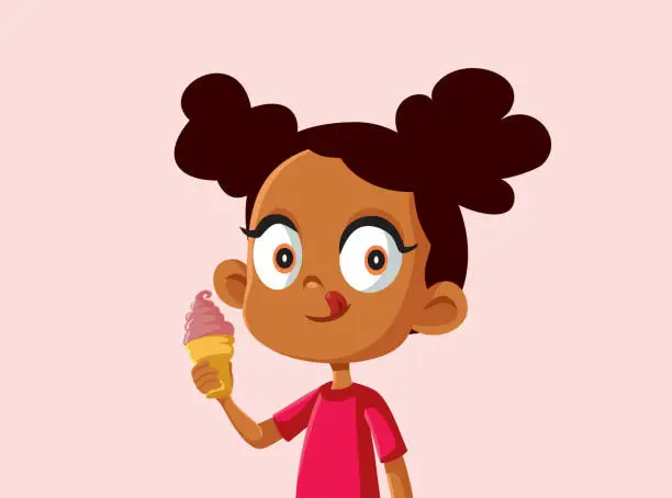 Vector illustration of Cute African Girl Eating an Ice Cream