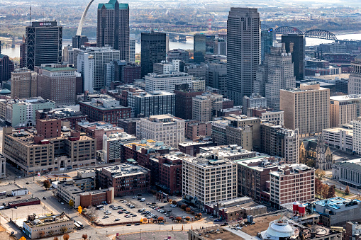 Downtown St. Louis Missouri from an altitude of about 800 feet over the city.