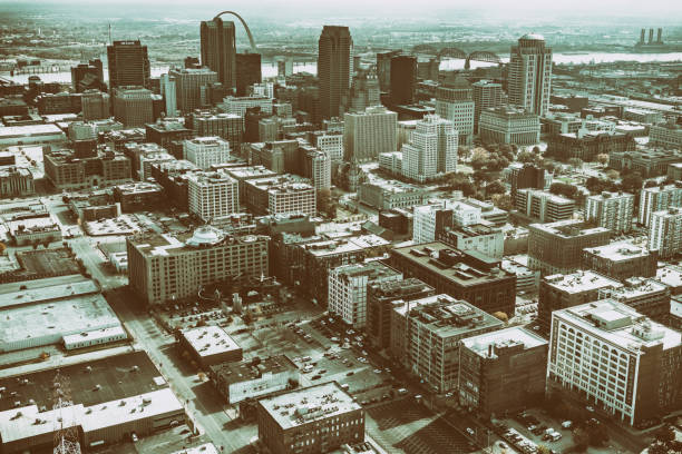 The St. Louis, Missouri skyline shot from over the downtown area at an altitude of about 1000 feet.