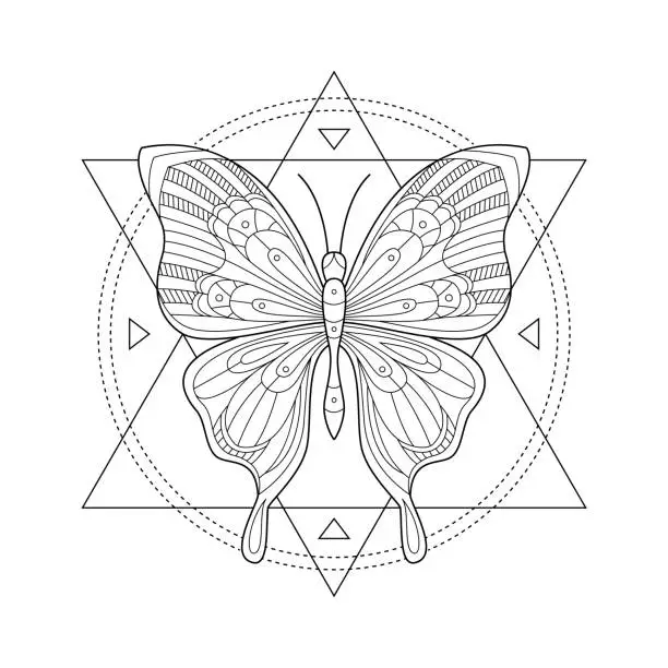 Vector illustration of Vector illustration mystic butterfly. Sacred geometry print Butterfly in triangles and circes. Geometric mystical symbol