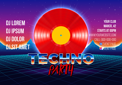 Vinyl party poster 80s style with arcade styled retro background and red LP for techno rave club nights. Advertising blue and purple leaflet or flyer with modern electronic music dance party