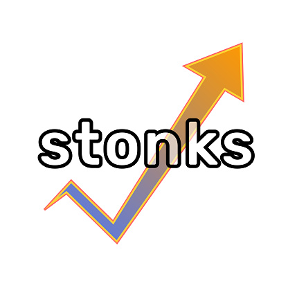 Inscription Stonks on arrow of a growing graph. A modern internet meme, a neologism meaning a sharp rise in stocks. Color vector illustration