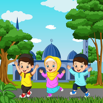 Happy Muslim kid cartoon in front of mosque background