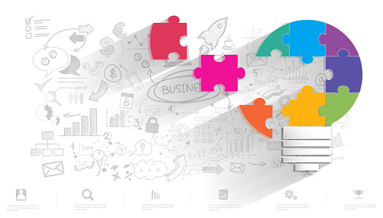 Light bulb Idea connect jigsaw pieces. plan think analyze creative startup business. illustration Creativity modern Concept Vector Infographic template.