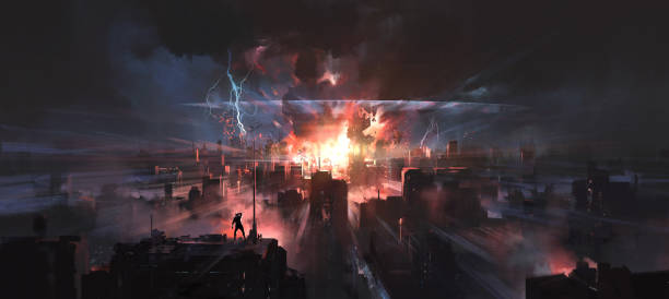 ilustrações de stock, clip art, desenhos animados e ícones de the moment the city was hit by a nuclear bomb, digital painting. - nuclear war