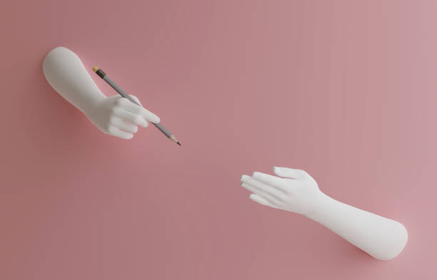 Decorative female hands of a mannequin protruding from the wall. One hand holds a pencil, the other points.3d illustration. Render. Decorative female hands of a mannequin protruding from the wall. One hand holds a pencil, the other points.3d illustration. Render. protruding stock pictures, royalty-free photos & images