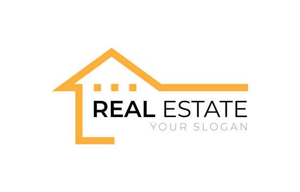 emlak ev binası inşaat şirketi logo tasarımı turuncu ve siyah renkli düz stil vektör beyaz arka plan üzerinde izole - real estate stock illustrations