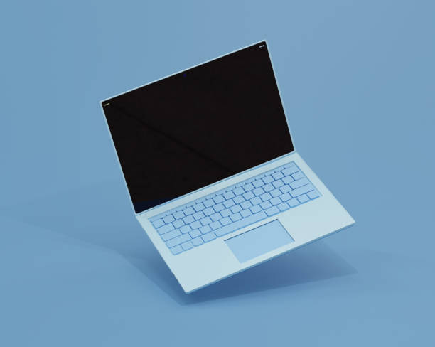 istock Blue Laptop on a blue background. 3d illustration. Render. Laptop at an angle. Template for design. 1303961980