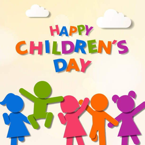 Happy Children’s Day Celebrate Children's Day with paper craft of multi colored five kids silhouettes dancing, jumping and running on the cloud background kids holding hands stock illustrations