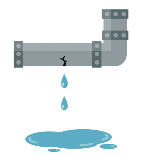 Steel pipe for water. Sewerage and water supply. Mechanical part. Kitchen tube. Home communication system. Cartoon flat illustration. Water leak, spill and blue drops. Broken part. plumber pipe stock illustrations