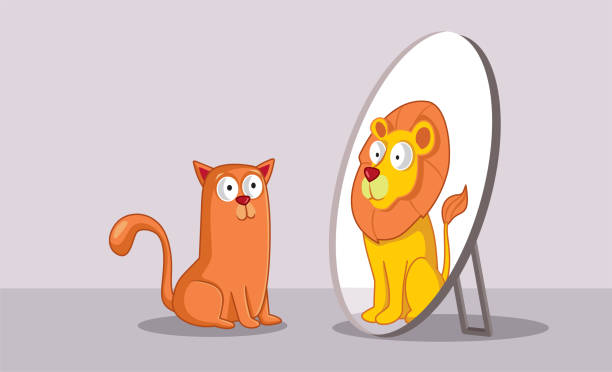 selbstbewusste katze, die in den spiegel schaut und einen löwen sieht - angeberei stock-grafiken, -clipart, -cartoons und -symbole