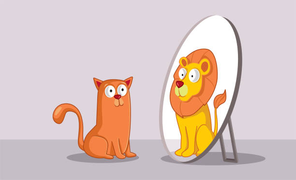 ilustraciones, imágenes clip art, dibujos animados e iconos de stock de gato confiado mirando en el espejo ver a un león - adulador