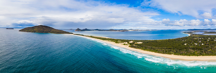 Aerial panoramic view of the Coastal town of Hawks Nest, near Port Stephens and Nelson Bay