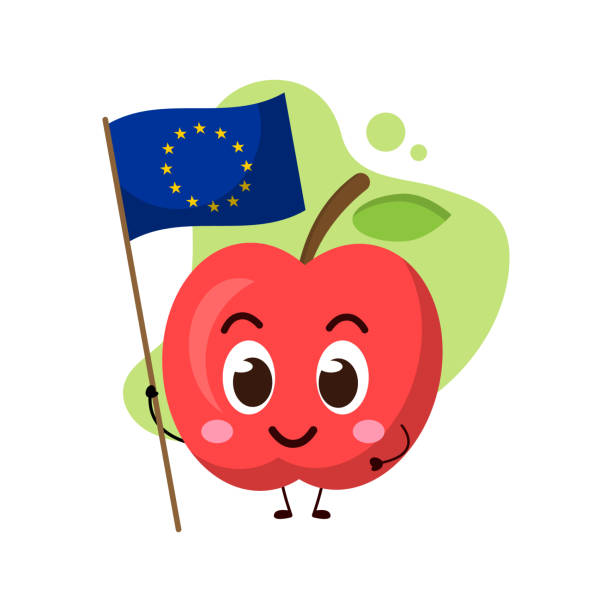 istock cute apple hold the flag of Europe.cute vector illustration 1303966358