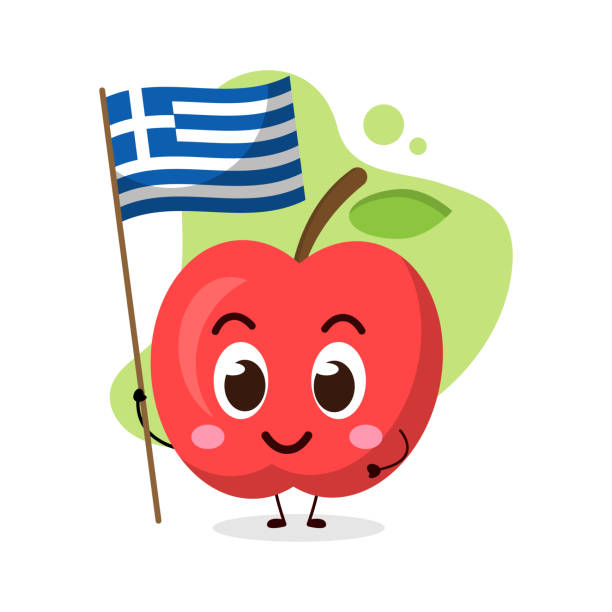 istock cute apple hold the flag of greece.cute vector illustration 1303966374