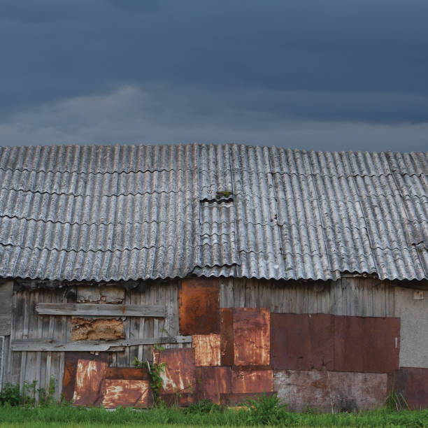 Old aged weathered wooden shack, grey plated wood boarding hut wall, patched planks, rusted metal plates, rusty paint texture, cloudscape panorama, dark sky, clouds, grunge zinced coat iron steel zinc patches, slated roof detail, grungy gray slate, damaged rooftop roofing slating, dirty painted metallic rust pattern, large detailed textured horizontal panoramic closeup, crime and poverty concept, broken windows theory metaphor vieja choza de madera desgastada, pared de cabaña de abordaje de madera chapada en gris, tablones parcheados, placas de metal oxidado, textura de pintura oxidada, panorama de paisaje nuboso, cielo oscuro, nubes, parches de zinc grunge de acero de hierro d