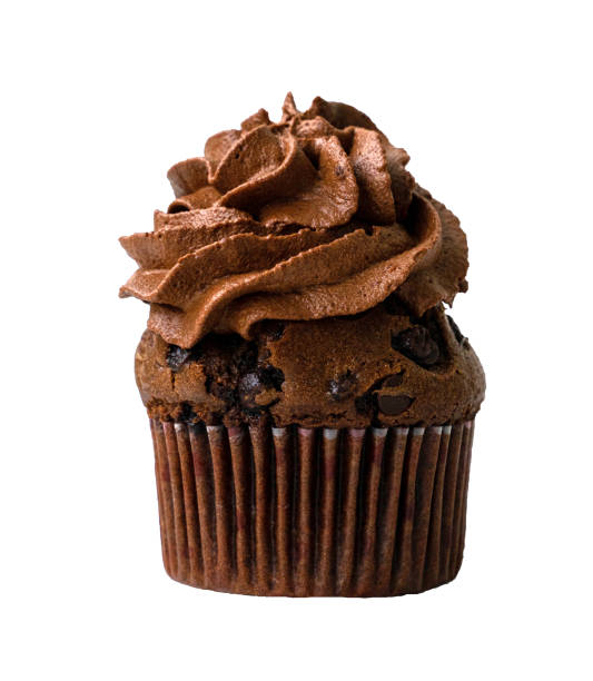 istock chocolate cupcake with whipped chocolate cream. decorated with ochocolate drops. Isolated 1303972272