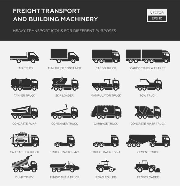 ilustrações, clipart, desenhos animados e ícones de transporte de carga e máquinas de construção. - truck semi truck silhouette vector