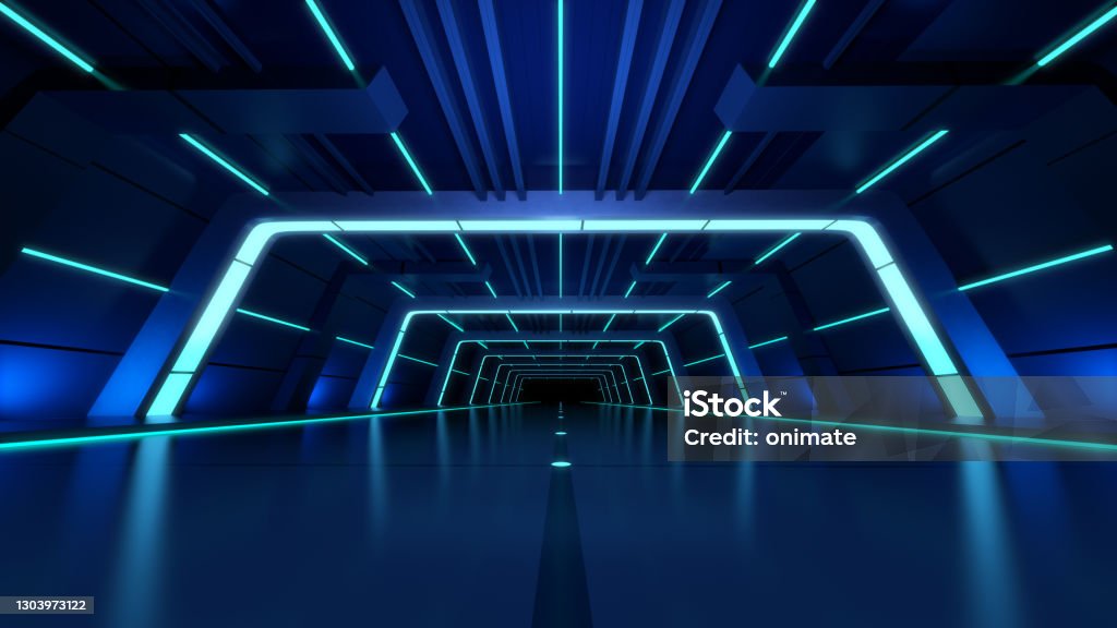 Futuristic Tunnel,Sci Fi Blue Glowing,Led Neon Lights,Empty Space Reflective, Cyber Virtual Background,3d rendering. Video Conference Background Stock Photo