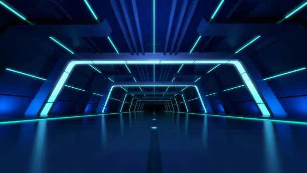 Photo of Futuristic Tunnel,Sci Fi Blue Glowing,Led Neon Lights,Empty Space Reflective, Cyber Virtual Background,3d rendering.