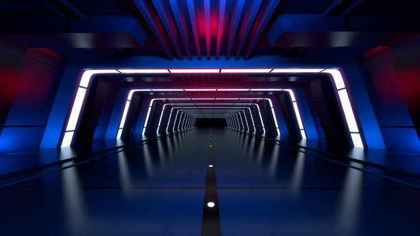 istock Futuristic Sci Fi Tunnel With Red And Blue Glowing Lights, Empty Space Reflective Cyber,3d rendering. 1303973123